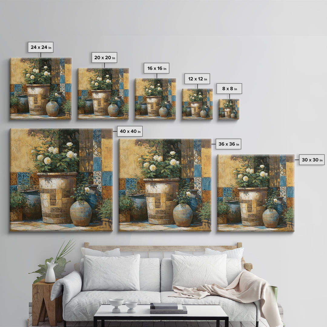 Italian Villa Garden Urn Framed Canvas Print, Italian Villa Art, Travel Poster, Living Room Decor, Villa, Fine Art Print, IVA-1x1-78
