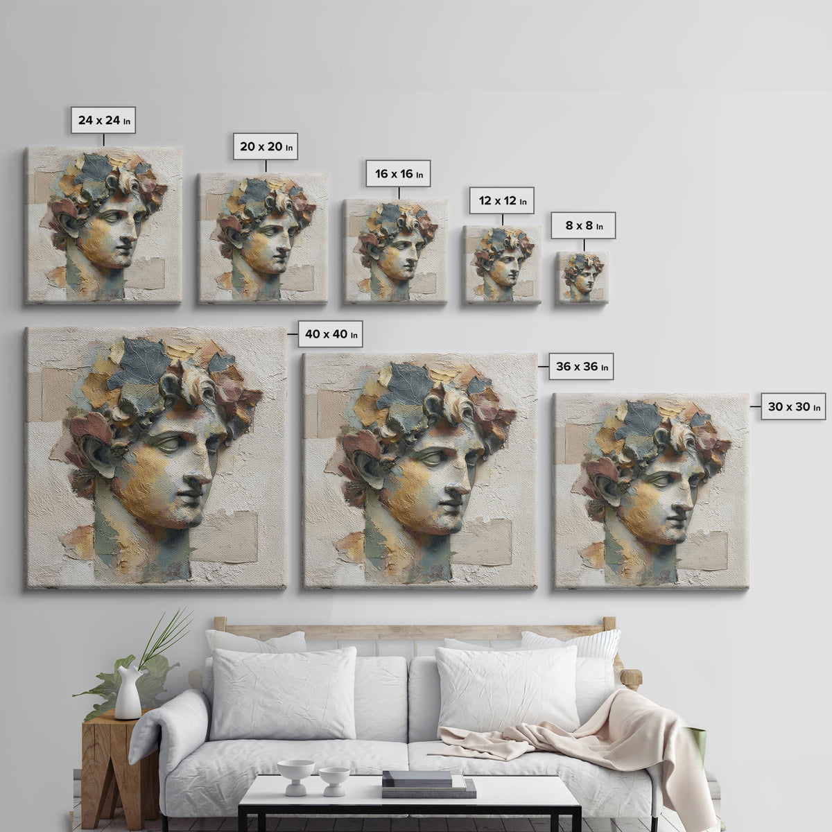 Classic Roman Statue Bust Framed Canvas Print, Italian Villa Art, Landscape Print, Living Room Decor, Abstract Art, Villa, IVA-1x1-84