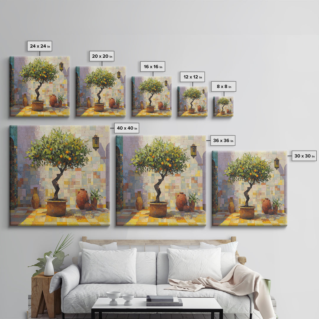 Orange Tree in a Courtyard Planter Canvas Print, Italian Villa Art, Rustic Home Decor, Living Room Decor, Fine Art, Villa, IVA-1x1-86