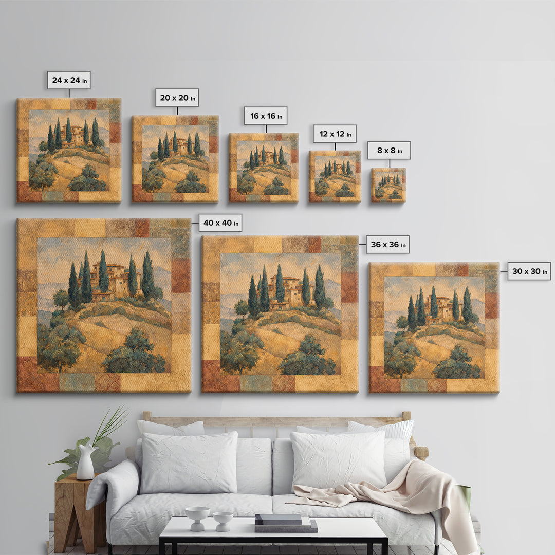 Tuscan Hillside with Cypress Trees and Golden Canvas Print, Italian Villa Art, Living Room Decor, Oil Painting, Villa, IVA-1x1-97