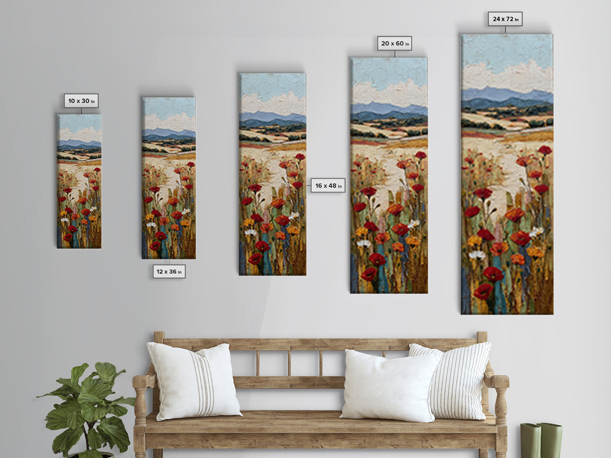Tuscan Poppy Field Framed Canvas Print, Italian Villa Art, Travel Poster, Living Room Decor, Watercolor Art, Villa, IVA-1x3-3