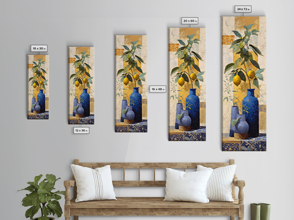 Lemon Branch in Blue Ceramic Vase Framed Canvas Print, Italian Villa Art, Gallery Wall Set, Living Room Decor, Oil Painting, IVA-1x3-62