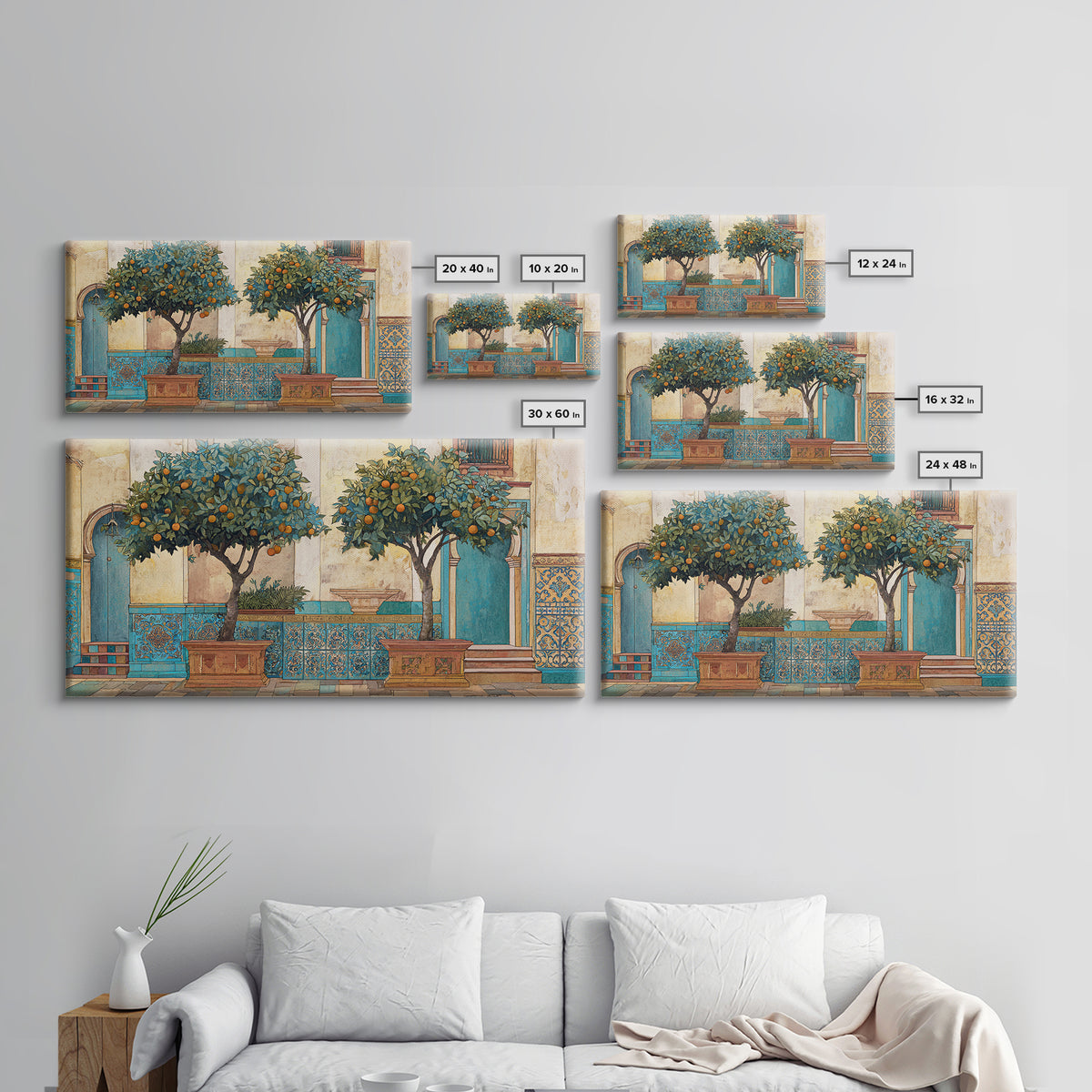 Orange Tree in a Courtyard Planter Framed Canvas Print, Italian Villa Art, Home Decor, Living Room Decor, Fine Art, Villa, IVA-2x1-10