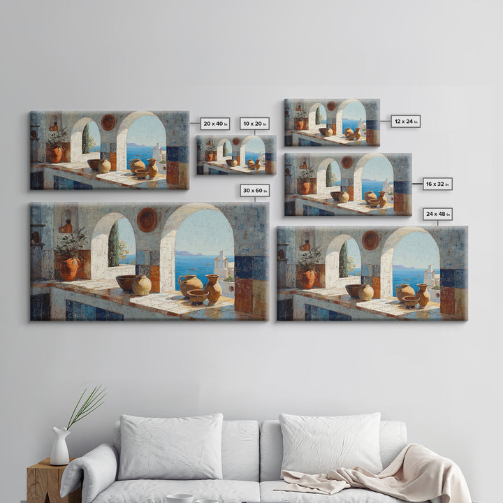Mediterranean Arch Framing Blue Sea Framed Canvas Print, Italian Villa Art, Digital Download Art, Living Room Decor, Villa, IVA-2x1-100