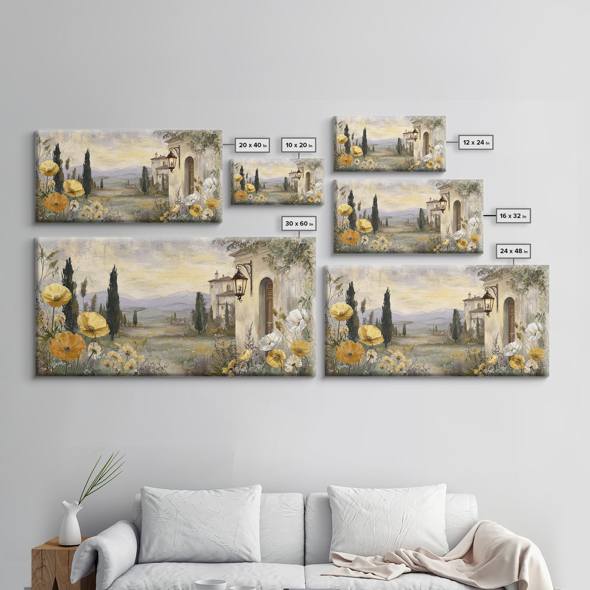 Tuscan Poppy Field Framed Canvas Print, Italian Villa Art, Landscape Painting, Living Room Decor, Villa, Digital Art Print, IVA-2x1-11