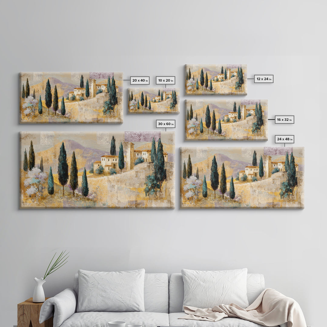 Tuscan Hillside with Cypress Trees and Golden Canvas Print, Italian Villa Art, Living Room Decor, Oil Painting, Villa, IVA-2x1-21