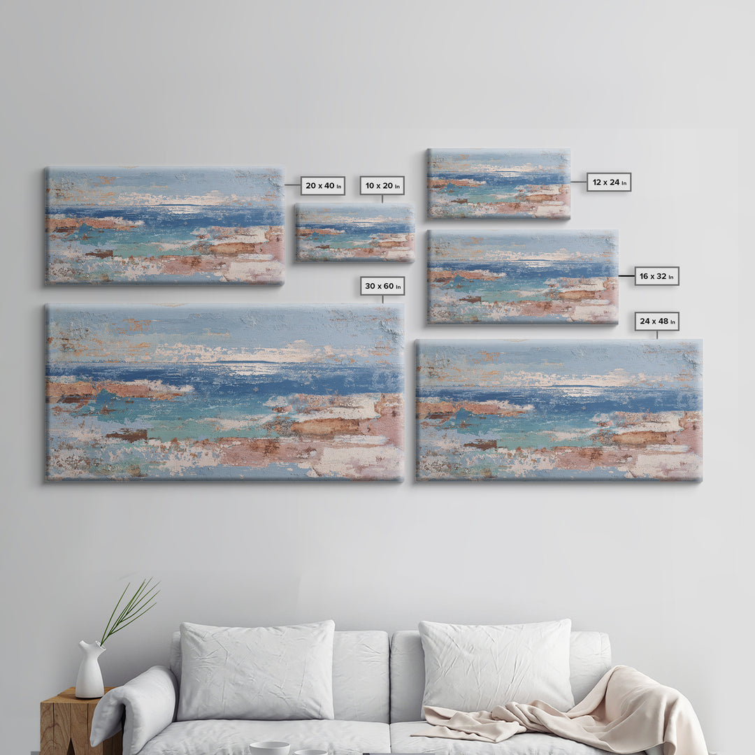 Mediterranean Arch Framing Blue Sea Framed Canvas Print, Italian Villa Art, Textured Painting, Living Room Decor, Villa, IVA-2x1-28