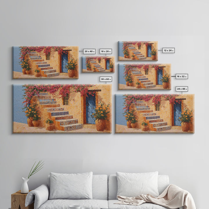 Sunlit Stone Stairway Canvas Print, Italian Villa Art, Original Painting, Living Room Decor, Villa, Landscape Painting, IVA-2x1-31