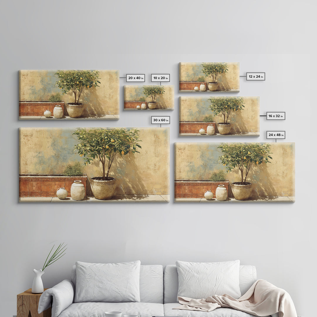 Orange Tree in a Courtyard Planter Framed Canvas Print, Italian Villa Art, Home Decor, Living Room Decor, Fine Art, Villa, IVA-2x1-34