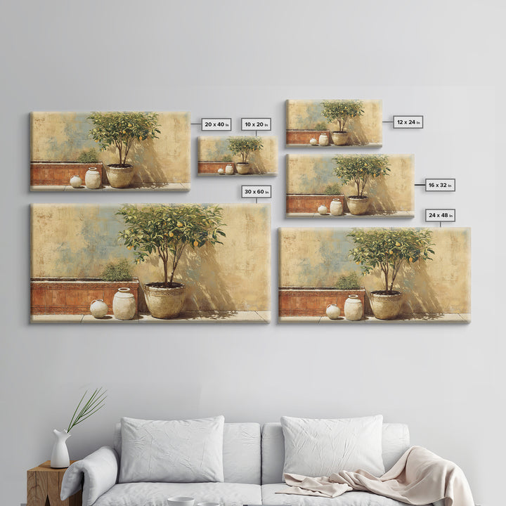 Orange Tree in a Courtyard Planter Framed Canvas Print, Italian Villa Art, Home Decor, Living Room Decor, Fine Art, Villa, IVA-2x1-34