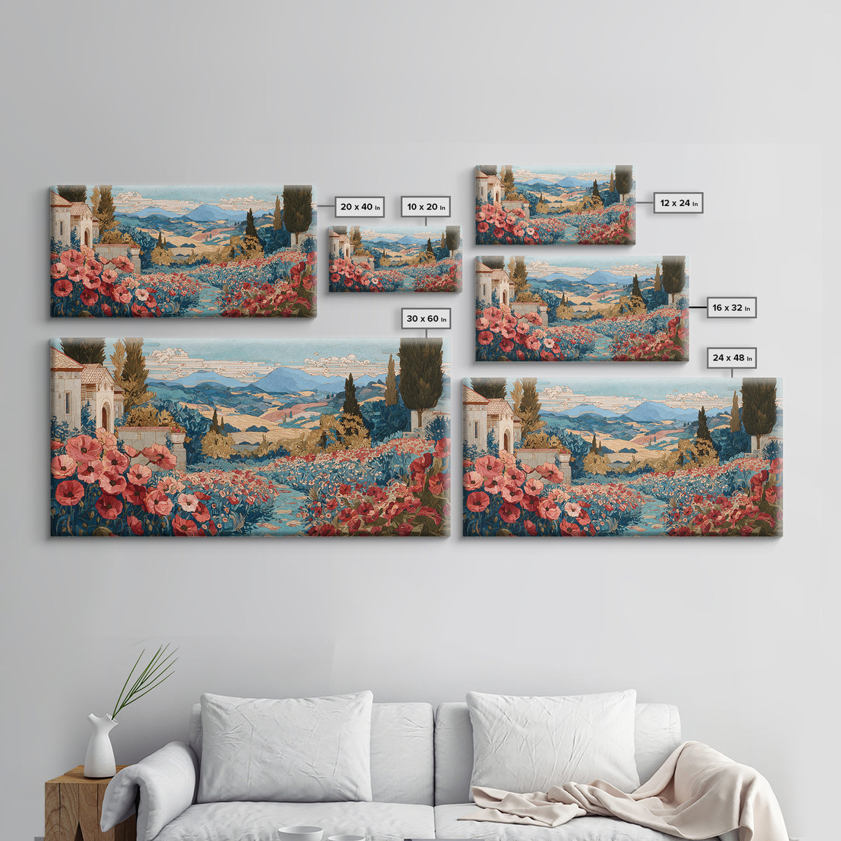 Tuscan Poppy Field Framed Canvas Print, Italian Villa Art, Boho Decor, Living Room Decor, Oil Painting, Villa, Digital Wall Art, IVA-2x1-35