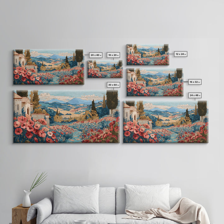 Tuscan Poppy Field Framed Canvas Print, Italian Villa Art, Boho Decor, Living Room Decor, Oil Painting, Villa, Digital Wall Art, IVA-2x1-35