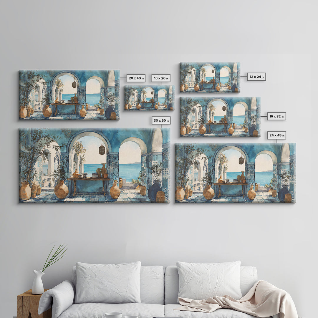 Mediterranean Arch Framing Blue Sea Canvas Print, Italian Villa Art, Statement Artwork, Living Room Decor, Fine Art, Villa, IVA-2x1-4