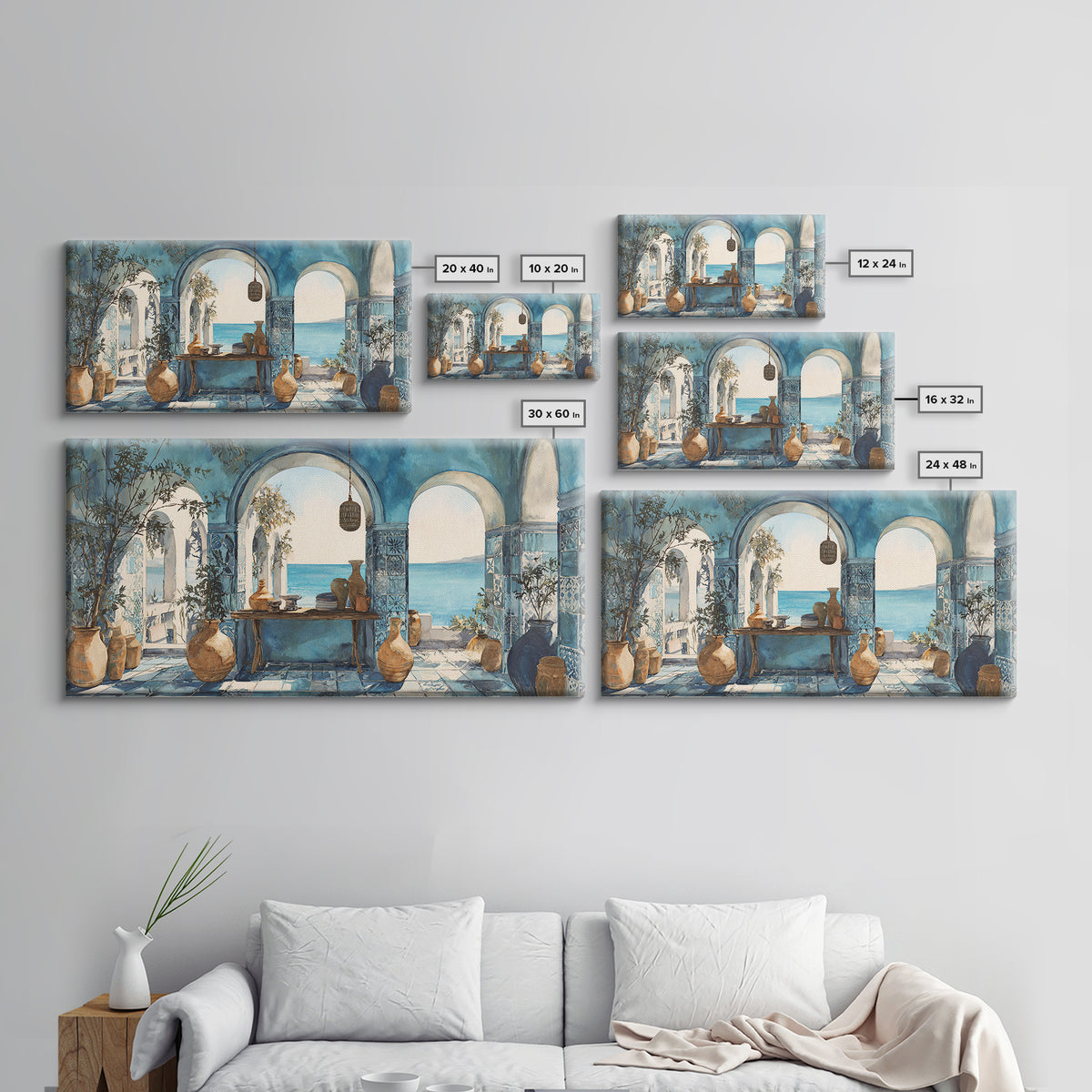 Mediterranean Arch Framing Blue Sea Canvas Print, Italian Villa Art, Statement Artwork, Living Room Decor, Fine Art, Villa, IVA-2x1-4