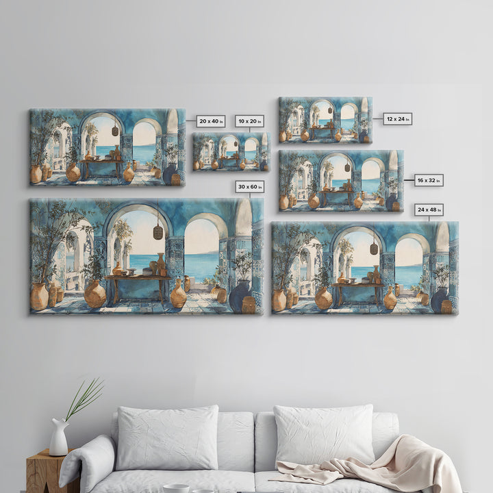 Mediterranean Arch Framing Blue Sea Canvas Print, Italian Villa Art, Statement Artwork, Living Room Decor, Fine Art, Villa, IVA-2x1-4