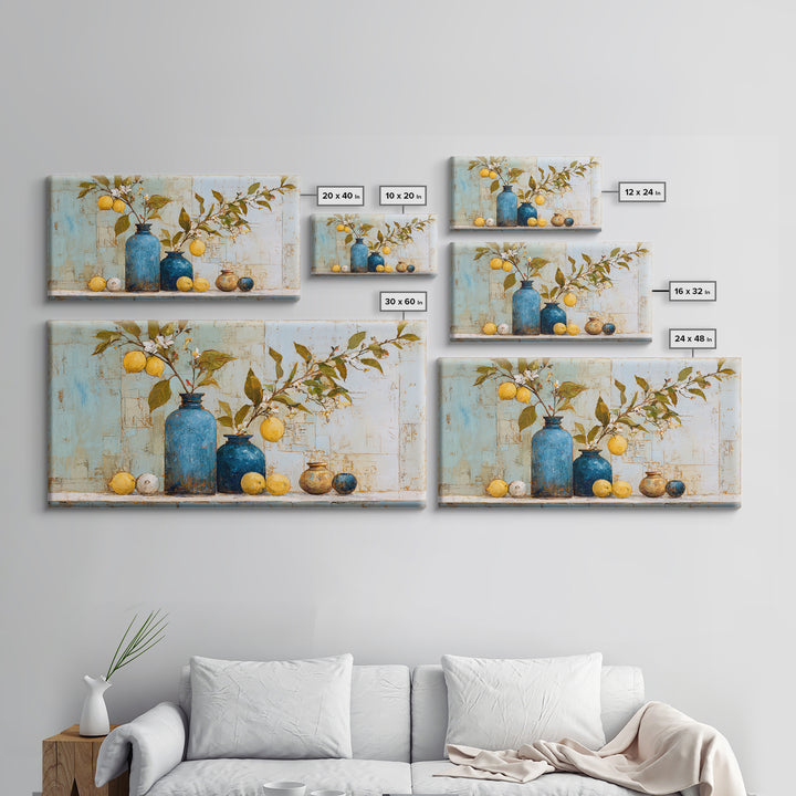 Lemon Branch in Blue Ceramic Vase Framed Canvas Print, Italian Villa Art, Neutral Decor, Living Room Decor, Fine Art, Villa, IVA-2x1-46