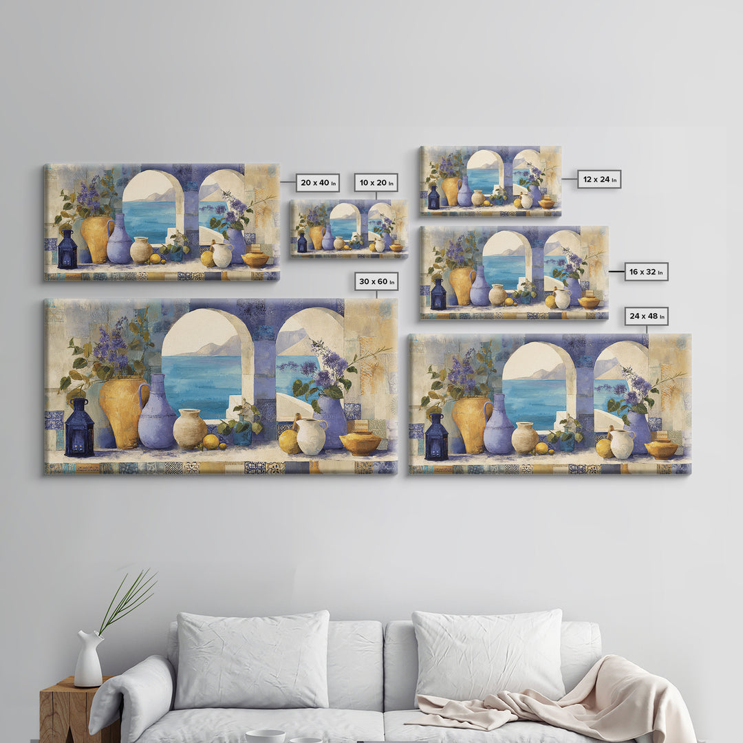 Mediterranean Arch Framing Blue Sea Canvas Print, Italian Villa Art, Original Painting, Living Room Decor, Fine Art, Villa, IVA-2x1-52