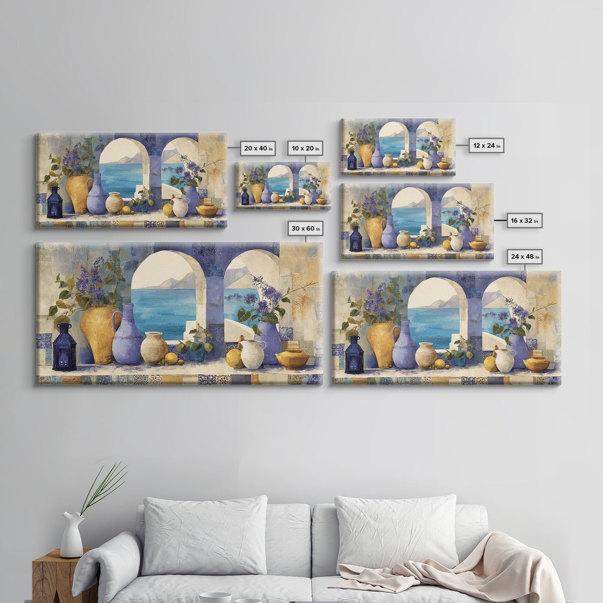 Mediterranean Arch Framing Blue Sea Canvas Print, Italian Villa Art, Original Painting, Living Room Decor, Fine Art, Villa, IVA-2x1-52