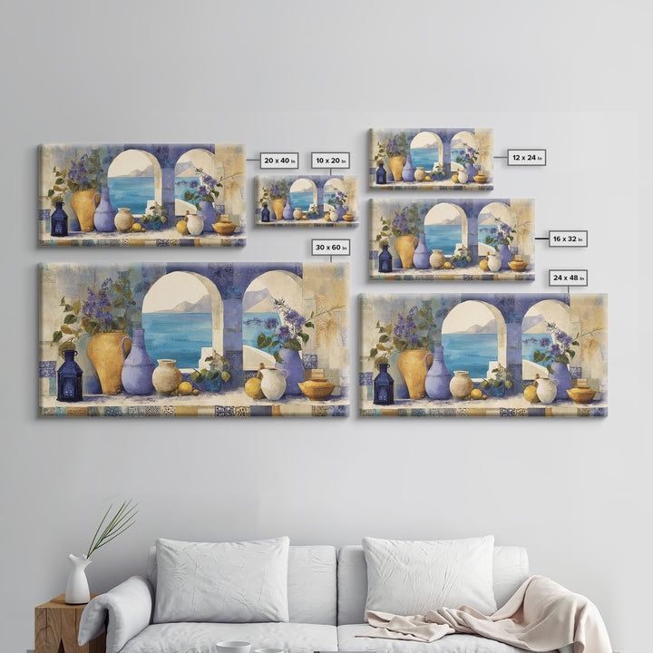 Mediterranean Arch Framing Blue Sea Canvas Print, Italian Villa Art, Original Painting, Living Room Decor, Fine Art, Villa, IVA-2x1-52