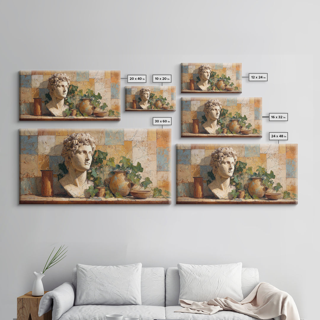 Classic Roman Statue Bust Framed Canvas Print, Italian Villa Art, Oil Painting, Living Room Decor, Villa, Farmhouse Wall Art, IVA-2x1-56