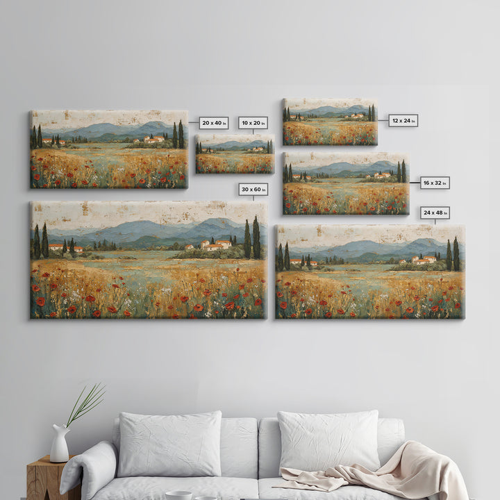 Tuscan Poppy Field Framed Canvas Print, Italian Villa Art, Landscape Painting, Living Room Decor, Watercolor Art, Villa, IVA-2x1-59