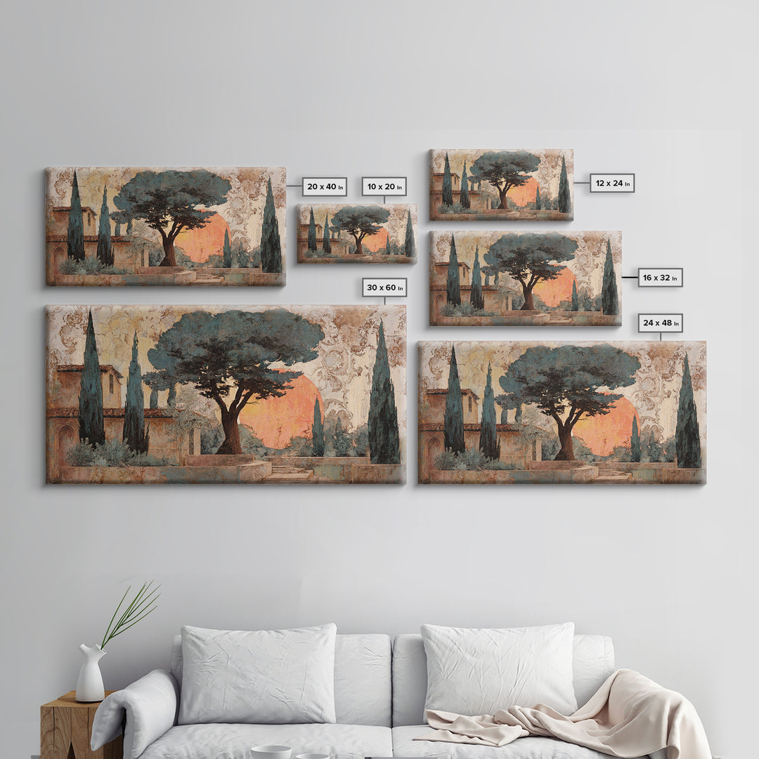 Cypress Silhouette at Sunset Framed Canvas Print, Italian Villa Art, Boho Decor, Living Room Decor, Abstract Art, Villa, IVA-2x1-65