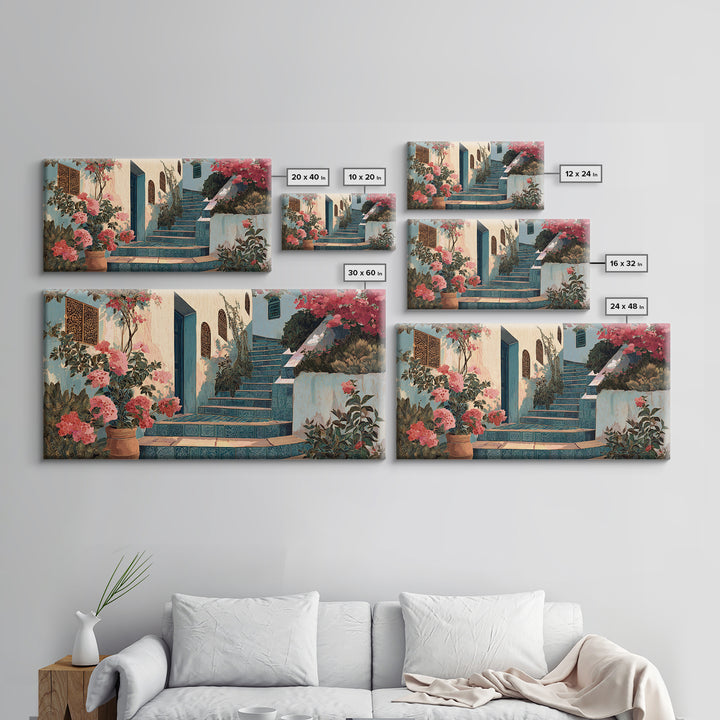 Sunlit Stone Stairway Framed Canvas Print, Italian Villa Art, Textured Painting, Living Room Decor, Villa, Bedroom Wall Art, IVA-2x1-7