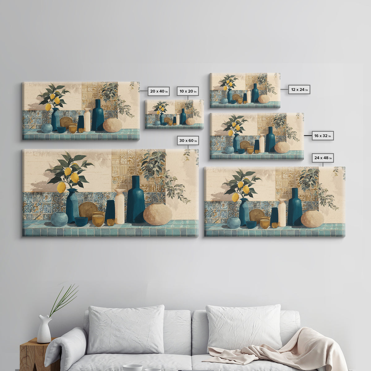 Lemon Branch in Blue Ceramic Vase Canvas Print, Italian Villa Art, Luxury Decor, Living Room Decor, Oil Painting, Villa, IVA-2x1-70