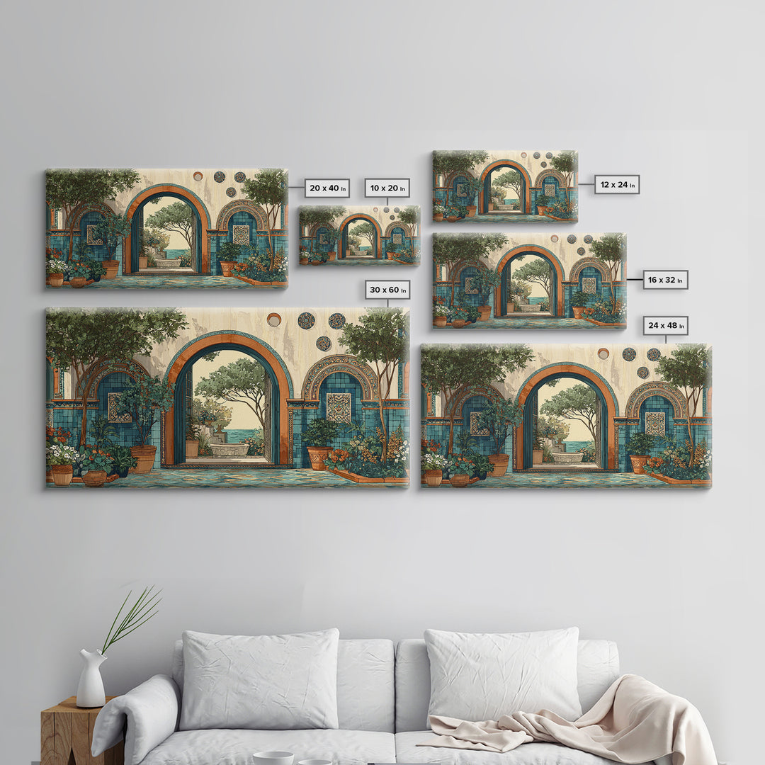 Mediterranean Arch Framing Blue Sea Canvas Print, Italian Villa Art, Coastal Decor, Living Room Decor, Fine Art, Villa, IVA-2x1-76