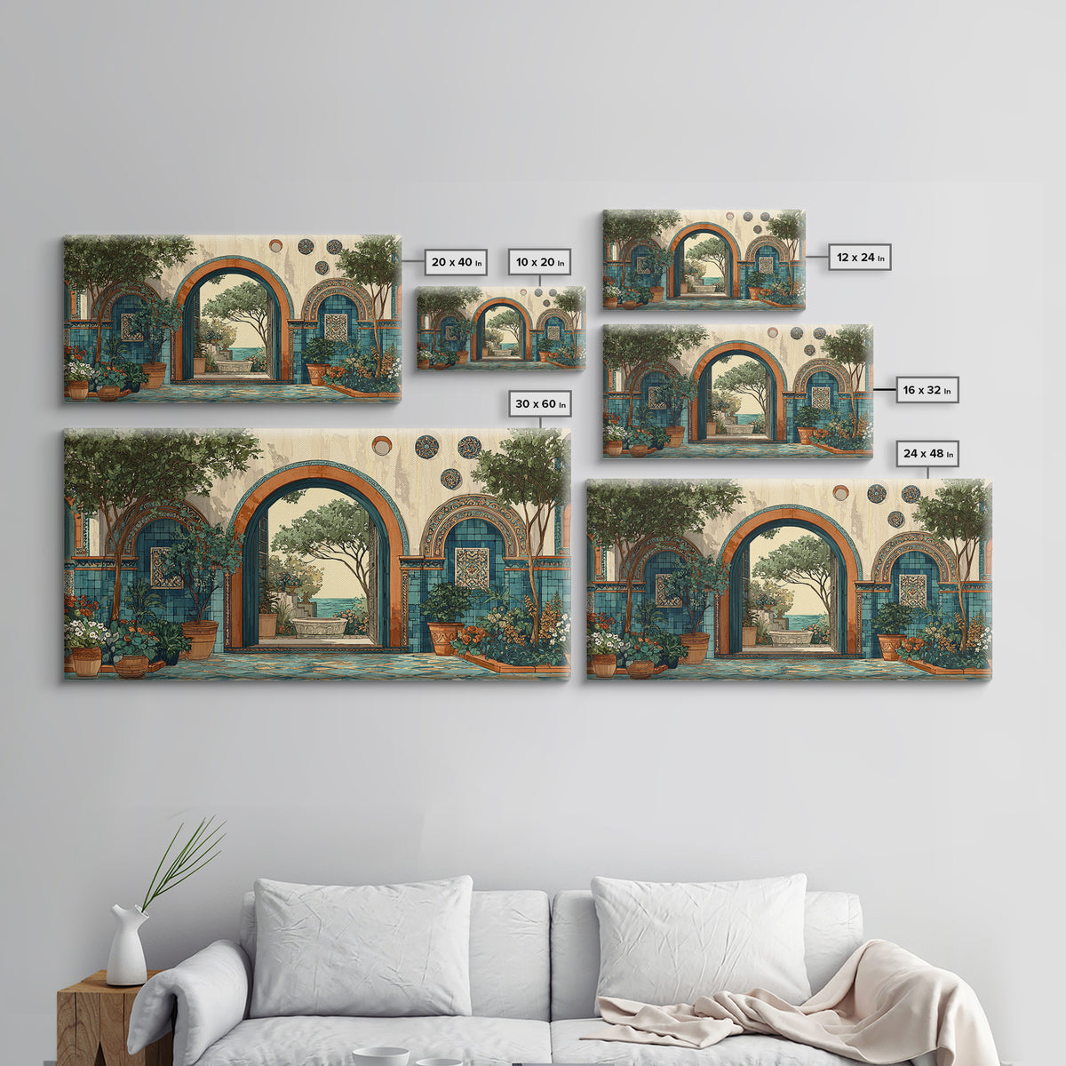 Mediterranean Arch Framing Blue Sea Canvas Print, Italian Villa Art, Coastal Decor, Living Room Decor, Fine Art, Villa, IVA-2x1-76