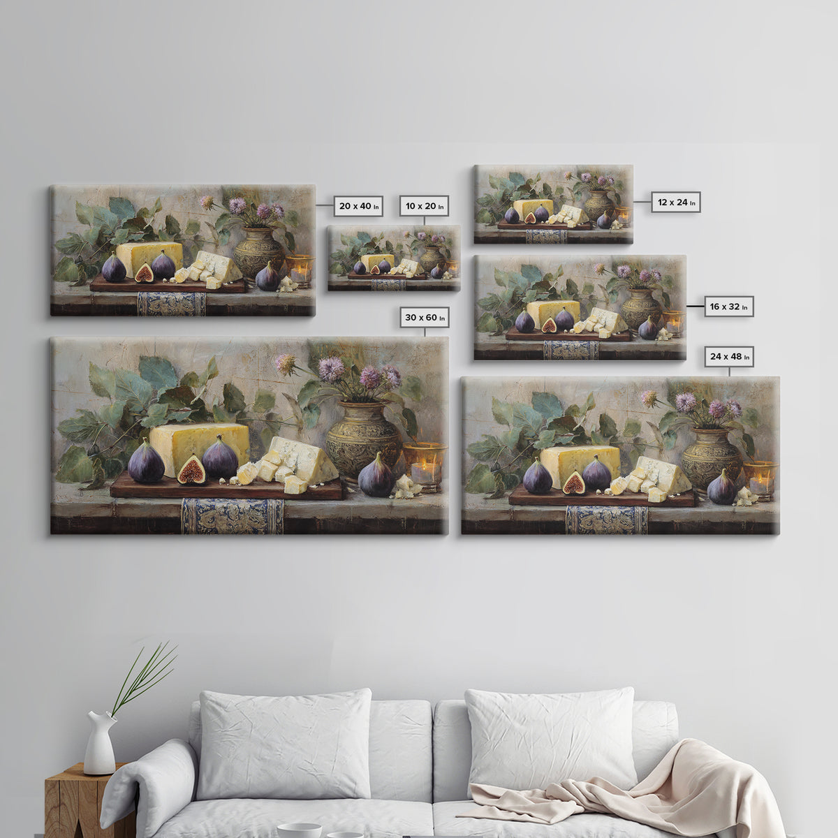 Figs and Cheese on Rustic Wooden Board Canvas Print, Italian Villa Art, Art Print, Living Room Decor, Oil Painting, Villa, IVA-2x1-77
