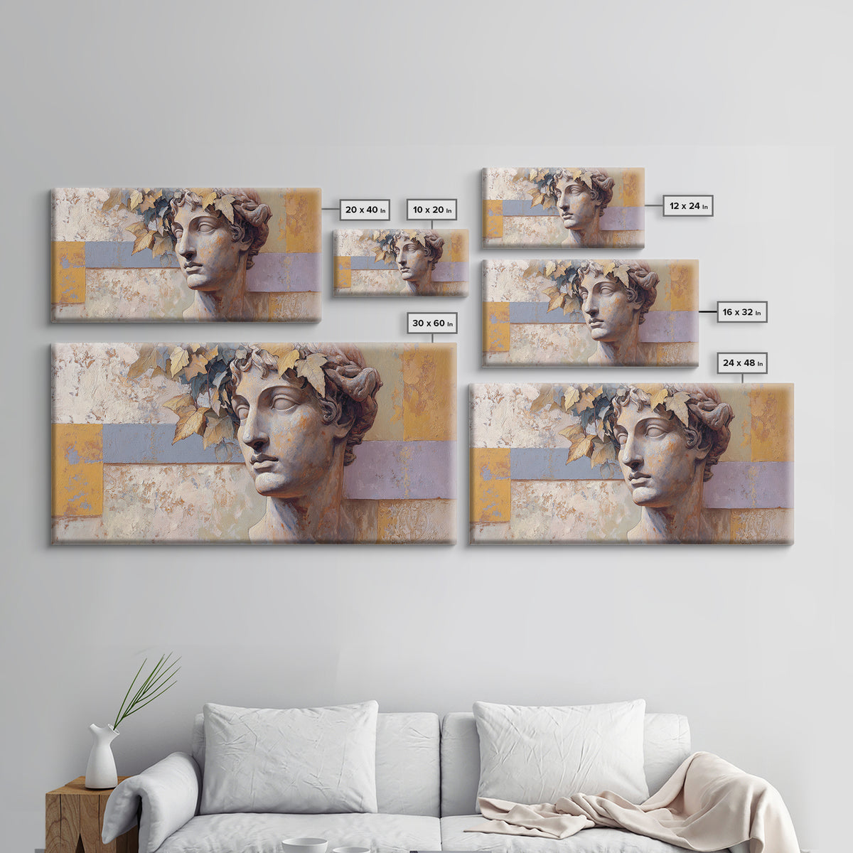Classic Roman Statue Bust Framed Canvas Print, Italian Villa Art, Landscape Painting, Living Room Decor, Fine Art, Villa, IVA-2x1-80