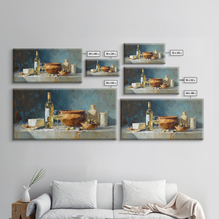 White Wine and Olives Still Life Framed Canvas Print, Italian Villa Art, Farmhouse Wall Art, Living Room Decor, Fine Art, Villa, IVA-2x1-84