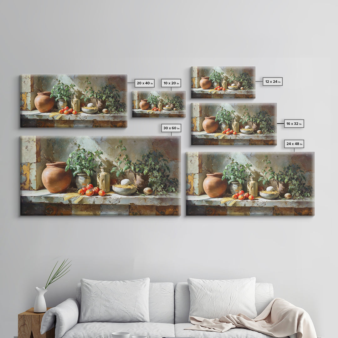 Pasta Herbs and Tomatoes Still Life Framed Canvas Print, Italian Villa Art, Farmhouse Wall Art, Living Room Decor, Villa, IVA-2x1-87