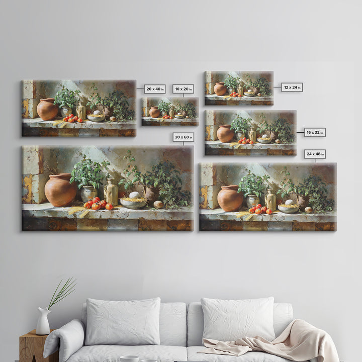 Pasta Herbs and Tomatoes Still Life Framed Canvas Print, Italian Villa Art, Farmhouse Wall Art, Living Room Decor, Villa, IVA-2x1-87