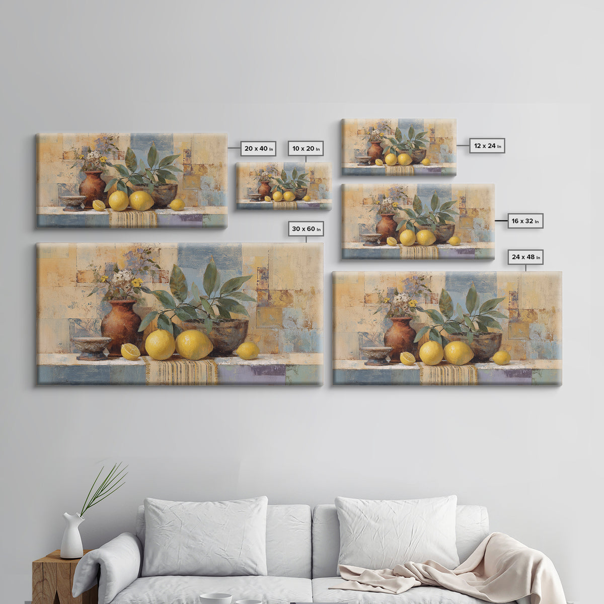 Coastal Lemons and Striped Cloth Arrangement Canvas Print, Italian Villa Art, Bedroom Wall Decor, Living Room Decor, Villa, IVA-2x1-92