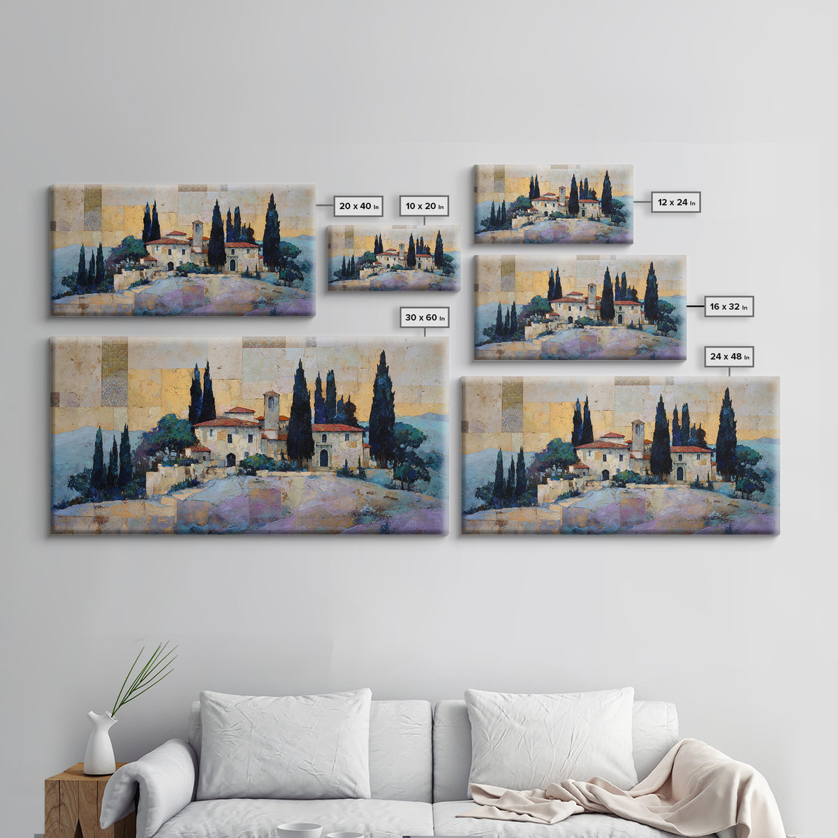 Tuscan Hillside with Cypress Trees and Golden Canvas Print, Italian Villa Art, Minimalist Decor, Living Room Decor, Villa, IVA-2x1-93