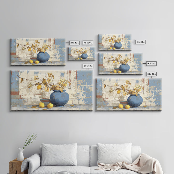 Lemon Branch in Blue Ceramic Vase Canvas Print, Italian Villa Art, Luxury Decor, Living Room Decor, Oil Painting, Villa, IVA-2x1-94