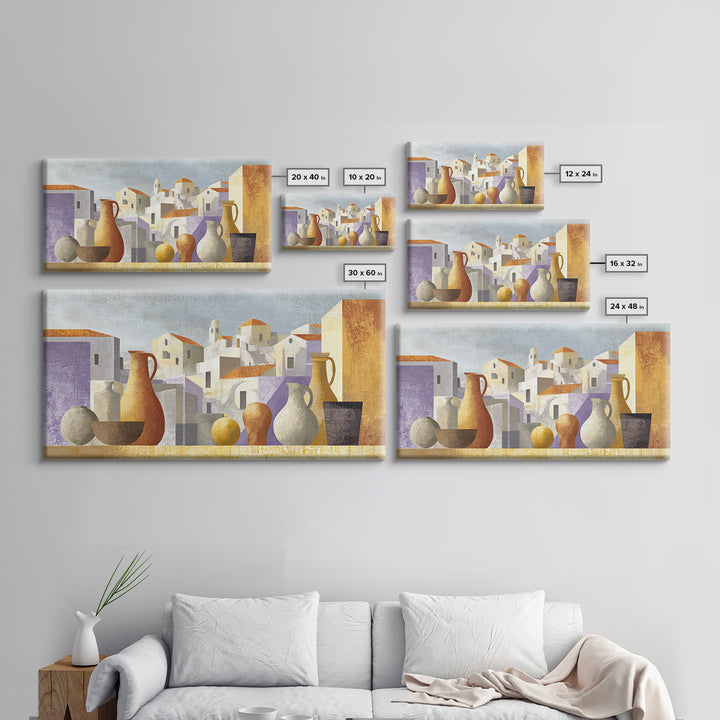 Terracotta Rooftops Against Pale Sky Framed Canvas Print, Italian Villa Art, Colorful Wall Art, Living Room Decor, Oil Painting, IVA-2x1-96
