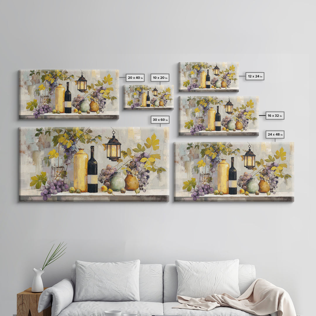Grapevine and Wine Still Life on Linen Framed Canvas Print, Italian Villa Art, Printable Art, Living Room Decor, Abstract Art, IVA-2x1-99