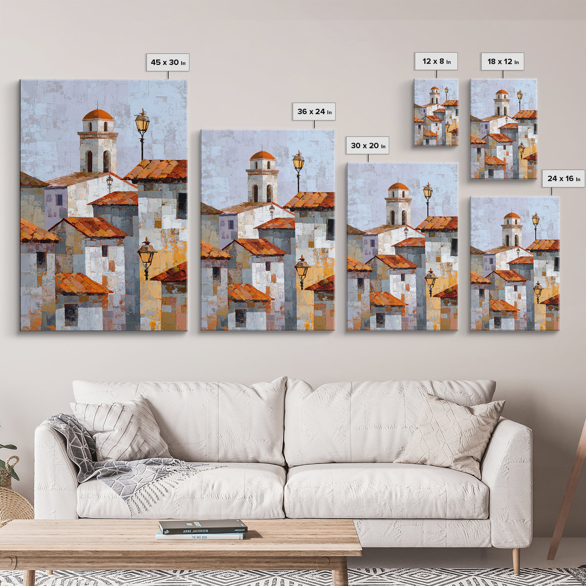 Terracotta Rooftops Against Pale Sky Framed Canvas Print, Italian Villa Art, Digital Art Print, Living Room Decor, Oil Painting, IVA-2x3-12
