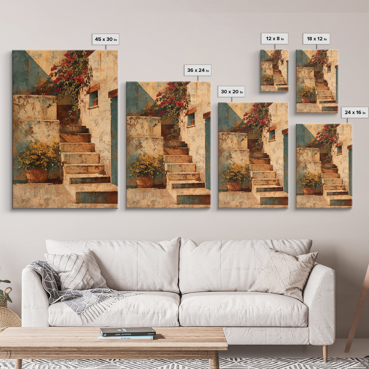 Sunlit Stone Stairway Framed Canvas Print, Italian Villa Art, Bedroom Wall Art, Living Room Decor, Villa, Travel Poster, IVA-2x3-19