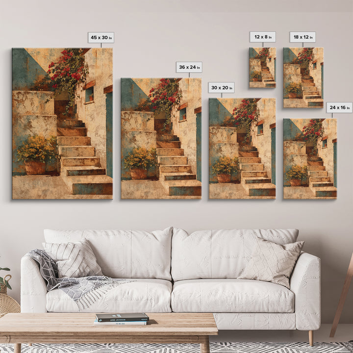 Sunlit Stone Stairway Framed Canvas Print, Italian Villa Art, Bedroom Wall Art, Living Room Decor, Villa, Travel Poster, IVA-2x3-19