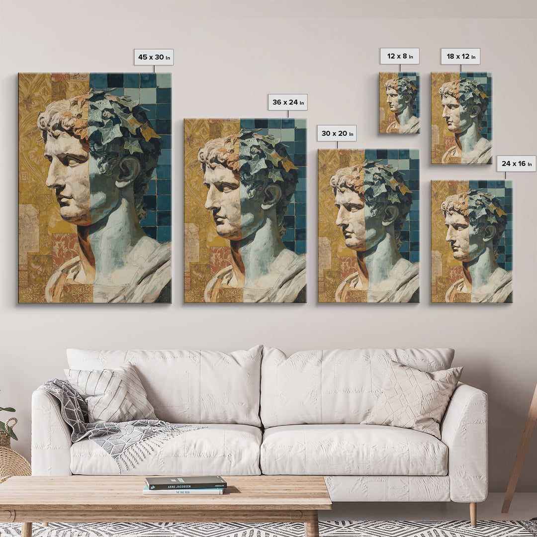 Classic Roman Statue Bust Framed Canvas Print, Italian Villa Art, Modern Decor, Living Room Decor, Oil Painting, Villa, IVA-2x3-20