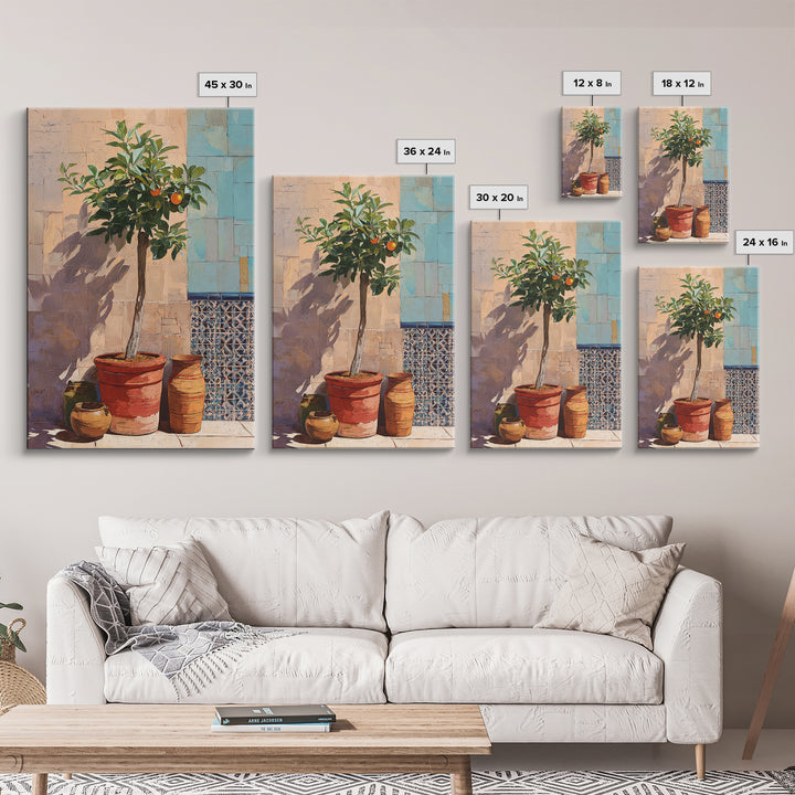 Orange Tree in a Courtyard Planter Framed Canvas Print, Italian Villa Art, Home Decor, Living Room Decor, Fine Art, Villa, IVA-2x3-22