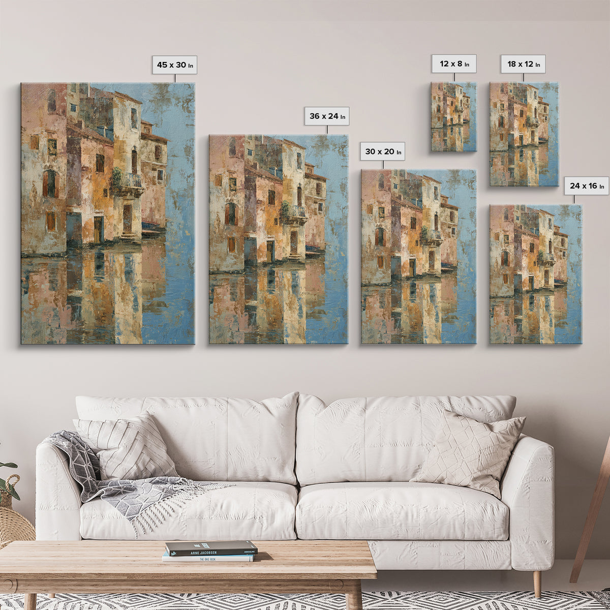 Venetian Canal Reflection Without City Crowd Canvas Print, Italian Villa Art, Textured Painting, Living Room Decor, Villa, IVA-2x3-28