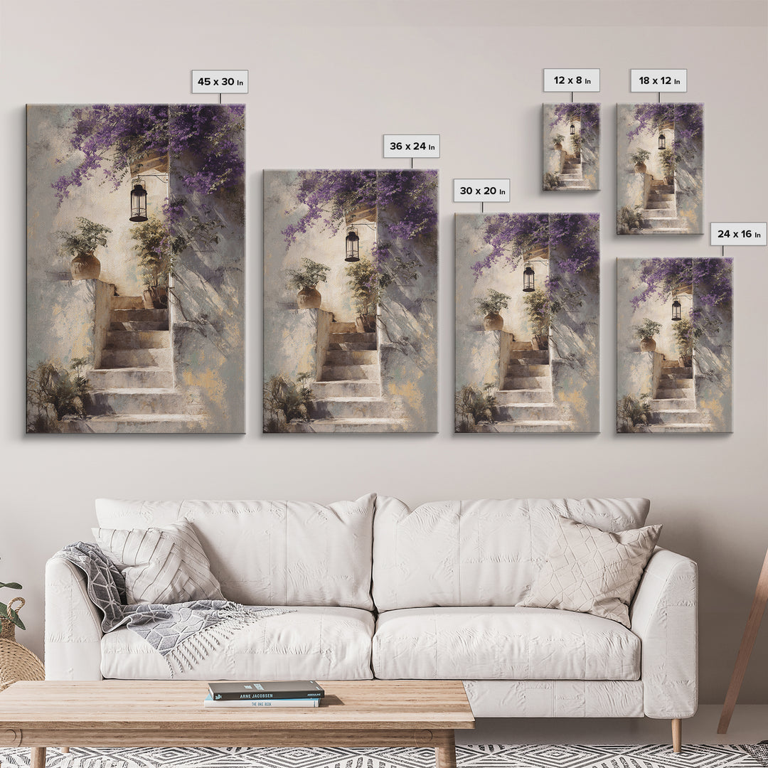 Sunlit Stone Stairway Framed Canvas Print, Italian Villa Art, Gallery Wall Set, Living Room Decor, Villa, Modern Decor, IVA-2x3-43