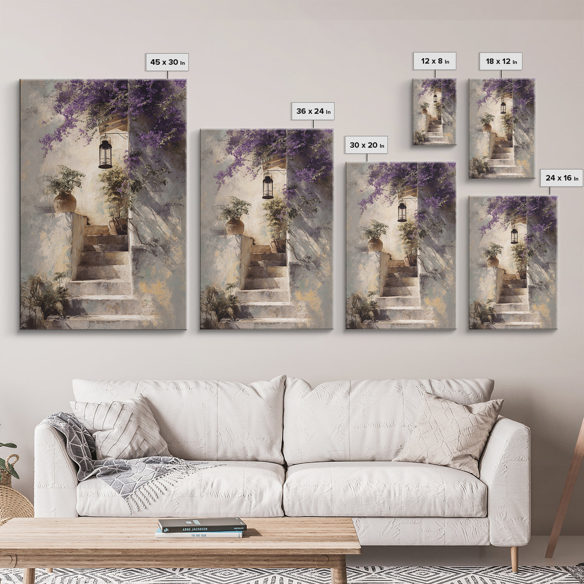 Sunlit Stone Stairway Framed Canvas Print, Italian Villa Art, Gallery Wall Set, Living Room Decor, Villa, Modern Decor, IVA-2x3-43