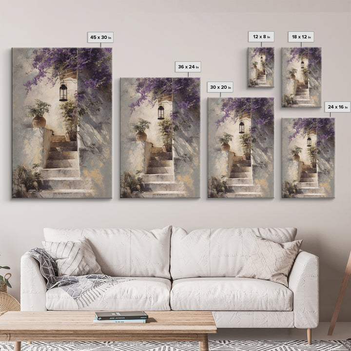 Sunlit Stone Stairway Framed Canvas Print, Italian Villa Art, Gallery Wall Set, Living Room Decor, Villa, Modern Decor, IVA-2x3-43