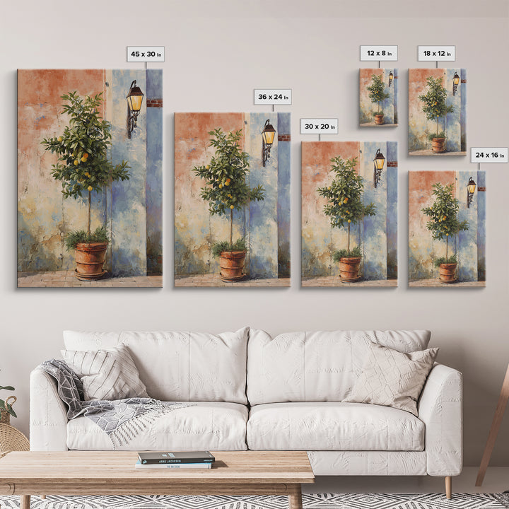 Orange Tree in a Courtyard Planter Framed Canvas Print, Italian Villa Art, Home Decor, Living Room Decor, Fine Art, Villa, IVA-2x3-46